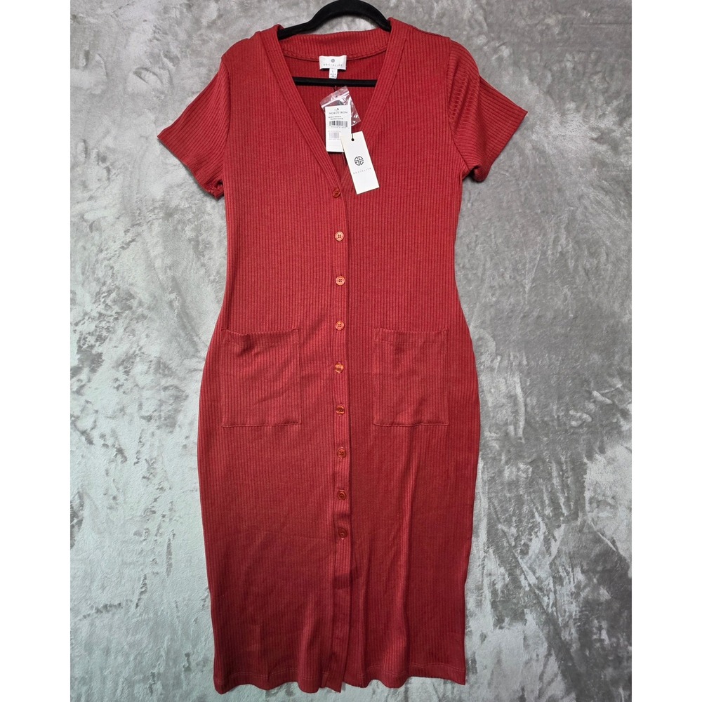 Socialite Terracotta Ribbed Button Front Midi Dress KDR114858-N Large NWT
